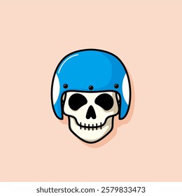 Cartoon skull character in blue helmet. Cool skull with expression happy. Sticker collection can be use as logo, symbol, icon.