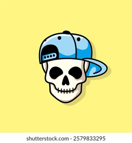 Cartoon skull character in blue snapback hat. Cool skull with expression happy. Sticker collection can be use as logo, symbol, icon.