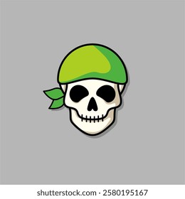 Cartoon skull character in green bandana. Cool skull with expression smile. Sticker collection can be use as logo, symbol, icon.