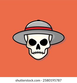 Cartoon skull character in Grey strawhat. Cool skull with expression angry. Sticker collection can be use as logo, symbol, icon.