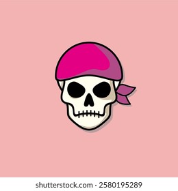 Cartoon skull character in pink bandana. Cool skull with expression angry. Sticker collection can be use as logo, symbol, icon.