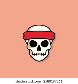 Cartoon skull character in red 
HEAD STRAP. Cool skull with expression angry. Sticker collection can be use as logo, symbol, icon.