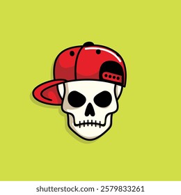 Cartoon skull character in redsnapback hat. Cool skull with expression angry. Sticker collection can be use as logo, symbol, icon.