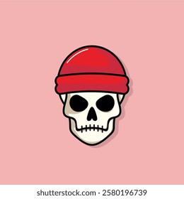 Cartoon skull character in snapback hat. Cool skull with expression angry. Sticker collection can be use as logo, symbol, icon.