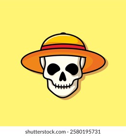 Cartoon skull character in Yellow strawhat. Cool skull with expression smile. Sticker collection can be use as logo, symbol, icon.