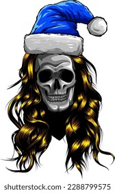 Cartoon Skull With Christmas Hat. Vector illustration with simple gradients. digital hand draw