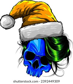 Cartoon Skull With Christmas Hat. Vector illustration with simple gradients.