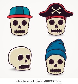 Cartoon skull collection in cap, pirate.