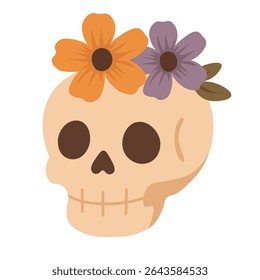 Crânio de desenho animado com flores coloridas. Ilustração de vetor assustadora plana sobre fundo branco para Halloween.