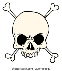Cartoon skull with crossed bones. Grim reaper character. Halloween skeleton design for party invitation, poster, logo or icon. Vector skull face illustration isolated. Danger sign
