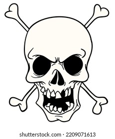 Cartoon skull with crossed bones. Grim reaper character. Halloween skeleton design for party invitation, poster, logo or icon. Vector skull face illustration isolated. Danger sign
