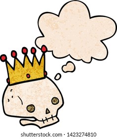 cartoon skull with crown with thought bubble in grunge texture style