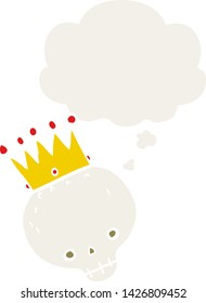 cartoon skull with crown with thought bubble in retro style