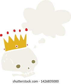 cráneo de caricatura con corona con burbuja de pensamiento en estilo retro