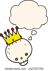 cartoon skull with crown with thought bubble in comic book style