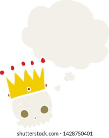 cartoon skull with crown with thought bubble in retro style