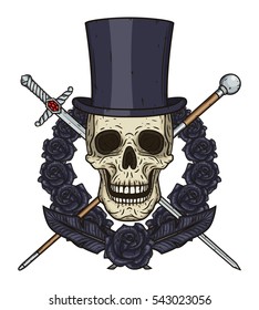 Cartoon Skull in cylinder hat, with a walking stick, a sword and a heart of dark grey roses.