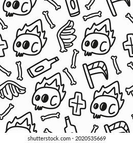 cartoon skull doodle seamless pattern design for clothing, wallpapers, backgrounds, posters, books, banners and more