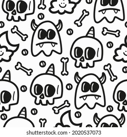 Cartoon Skull Doodle nahtloses Muster für Kleidung, Wallpaper, Hintergründe, Plakate, Bücher, Banner und mehr