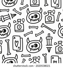 cartoon skull doodle seamless pattern design for clothing, wallpapers, backgrounds, posters, books, banners and more