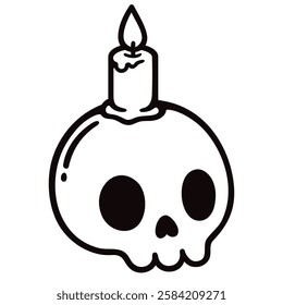 Cartoon skull drawing with candle. Hand drawn Halloween doodle icon, Day of the Dead decoration. Black and white line art vector illustration.