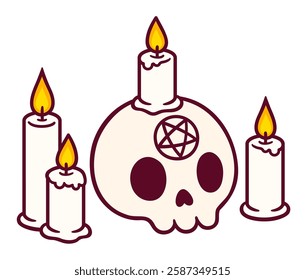 Cartoon skull drawing with candles and pentagram. Spooky dark magic ritual. Cute tattoo or sticker print, hand drawn doodle. Vector illustration.