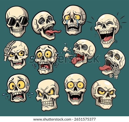 Cartoon Skull Expressions Set – 12 Vector Illustrations of Skulls with Funny, Angry, Crying, Laughing, Vomiting, Shocked, and Cool Faces in Bold Comic Style.