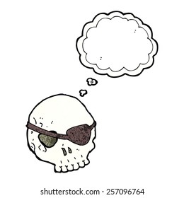 cartoon skull with eye patch with thought bubble