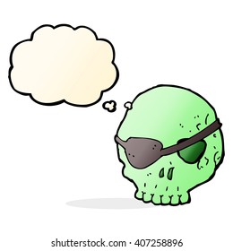 cartoon skull with eye patch with thought bubble