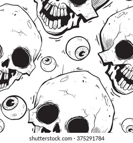 Cartoon skull and eye seamless pattern vector. Black and white background.