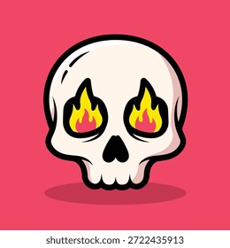 Ein Cartoon-Schädel mit Flammen in den Augenhöhlen, in einem minimalistischen Stil auf einem lebendigen rosafarbenen Hintergrund dargestellt.