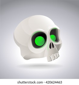 Cartoon skull with glowing eyes in the style of children's toy game design. Isolated on white background, vector illustration.