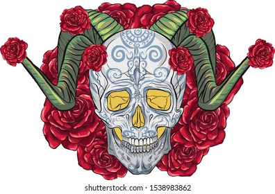 Cartoon skull with green horns. Yellow glowing eyes. Blue pattern on the head. Ornament on the face. Sugar skull on a background of flowers. Decoration from a wreath. Funny picture. Isolated