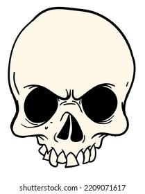 Cartoon skull. Grim reaper character. Halloween skeleton design for party invitation, poster, logo or icon. Vector skull face illustration isolated. Danger sign