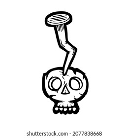 Cartoon skull, hand drawn vector illustration, with nail in head