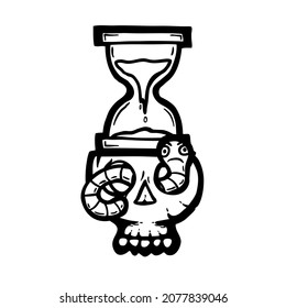 Cartoon skull  hand drawn vector illustration and worm   sand clock