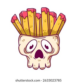 Cartoon skull with a head of french fries. The skull has a surprised expression