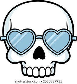 Cartoon Skull with Heart-Shaped Sunglasses – Minimalist Flat Vector Illustration on White Background with Light Blue Accents for Stickers and Pop Art Designs