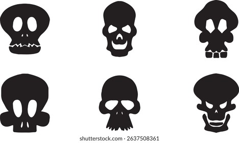 Cartoon Skull Icon Set – Flat Black Silhouettes for Halloween or Medical Use