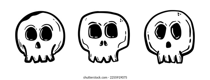 Cartoon skull line art design vector bundle collection. Hand drawn character symbol. 