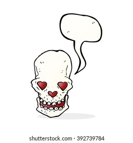 cartoon skull with love heart eyes with speech bubble