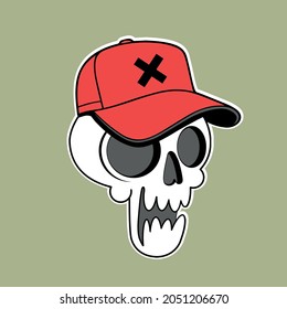 CARTOON SKULL OF A MAN WITH AN OPEN MOUTH IN A BASEBALL CAP