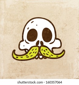 Cartoon Skull with Mustache. Cute Hand Drawn Vector illustration, Vintage Paper Texture Background