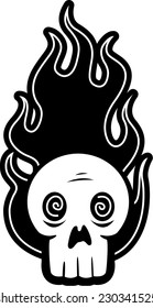 A cartoon skull on a flame.