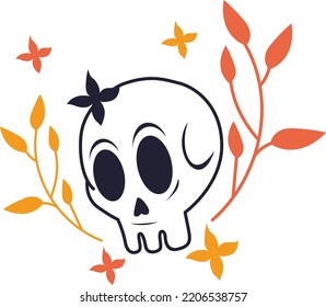 cartoon skull on white background with leaf decoration for halloween design