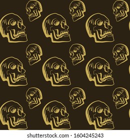 Cartoon skull pattern for print design. Dark background, seamless wallpaper. Color in the image: gold on black. Modern design. Vector.