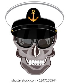 Cartoon of the skull of the person in service cap of the sea captain and bespectacled