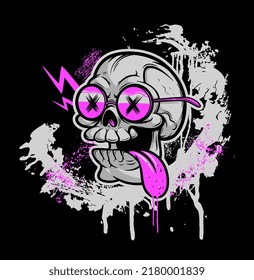 Cartoon Skull With Pink Glasses On The Grunge Background. Vector Illustration, Can Be Used As T-shirt Print. Black, Pink And Grey Series. 