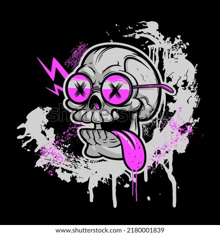 Cartoon skull with pink glasses on the grunge background. Vector illustration, can be used as T-shirt print. Black, pink and grey series. 