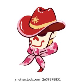 Cartoon skull in red cowboy hat and pink bandana with playful western smile and eyepatch. Cute cowgirl style doodle, fun vector illustration 